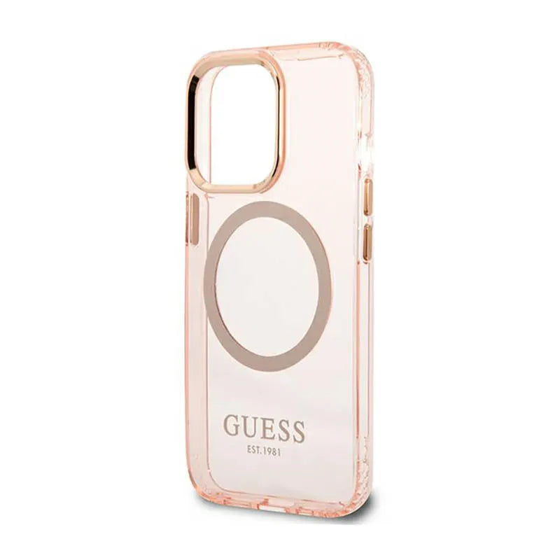„Guess Gold Outline Translucent MagSafe“ – dėklas „iPhone 13 Pro“ (rožinis)