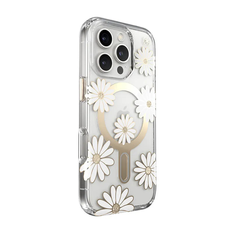 Speck Presidio Lux ClickLock & MagSafe - iPhone 16 Pro dėklas (Sunshine Daisies / Skaidrus / Auksinis)