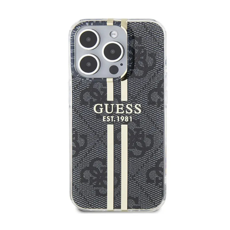 Guess IML 4G Gold Stripe dėklas iPhone 15 Pro (juodas)