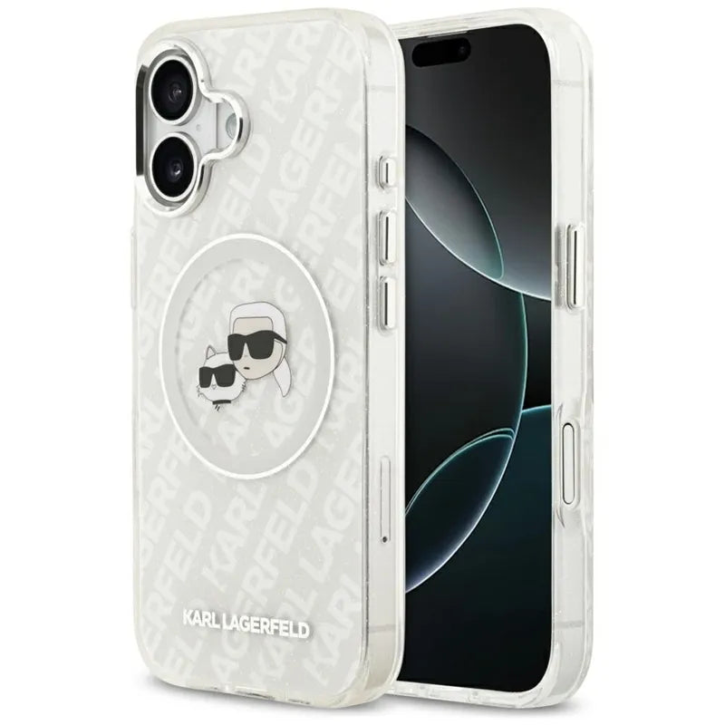 Karl Lagerfeld IML Glitter Karl & Choupette Heads Logo MagSafe dėklas iPhone 17 (pilkas)