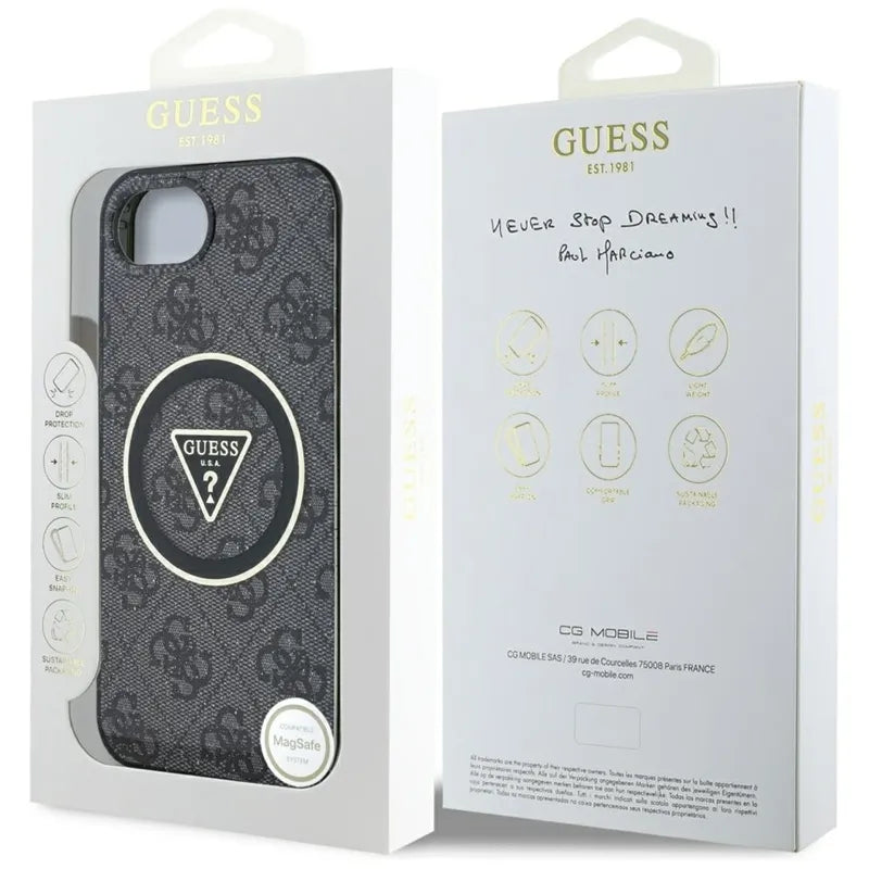 Guess IML Metal Glitter 4G Circle Triangle MagSafe – dėklas iPhone 16e telefonui (juodas)