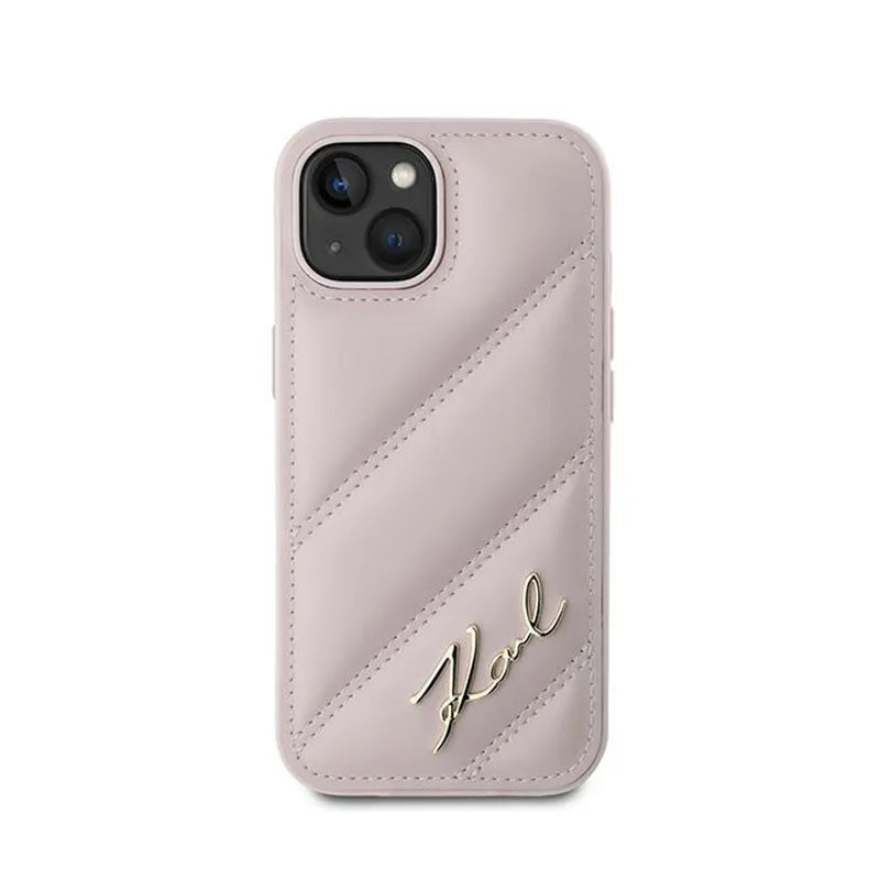 Karl Lagerfeld Diagonal Quilted Script – Dėklas iPhone 15 / 14 / 13 (rožinis)