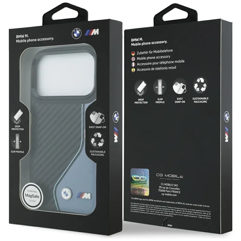BMW M Carbon Logo MagSafe – Dėklas iPhone 17 Pro (mėlynas)