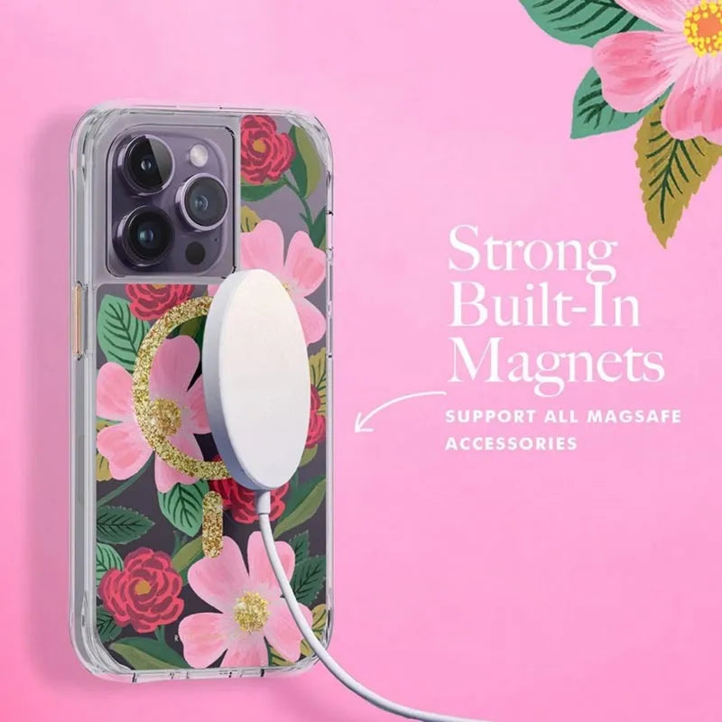 Rifle Paper Clear MagSafe - auksu dekoruotas dėklas, skirtas iPhone 14 Pro (Rose Garden)