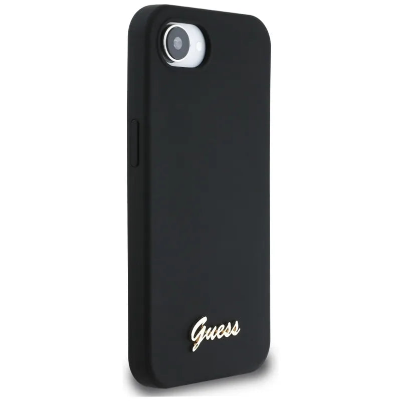 Guess Silicone Script Metal Logo MagSafe – Dėklas, skirtas iPhone 16e (juodas)