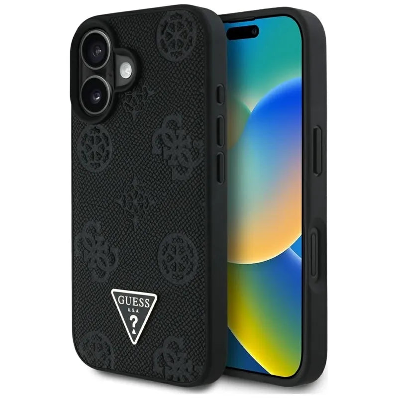 Guess Grained Hot Stamp Peony Triangle Logo MagSafe – Dėklas iPhone 16 (juodas)