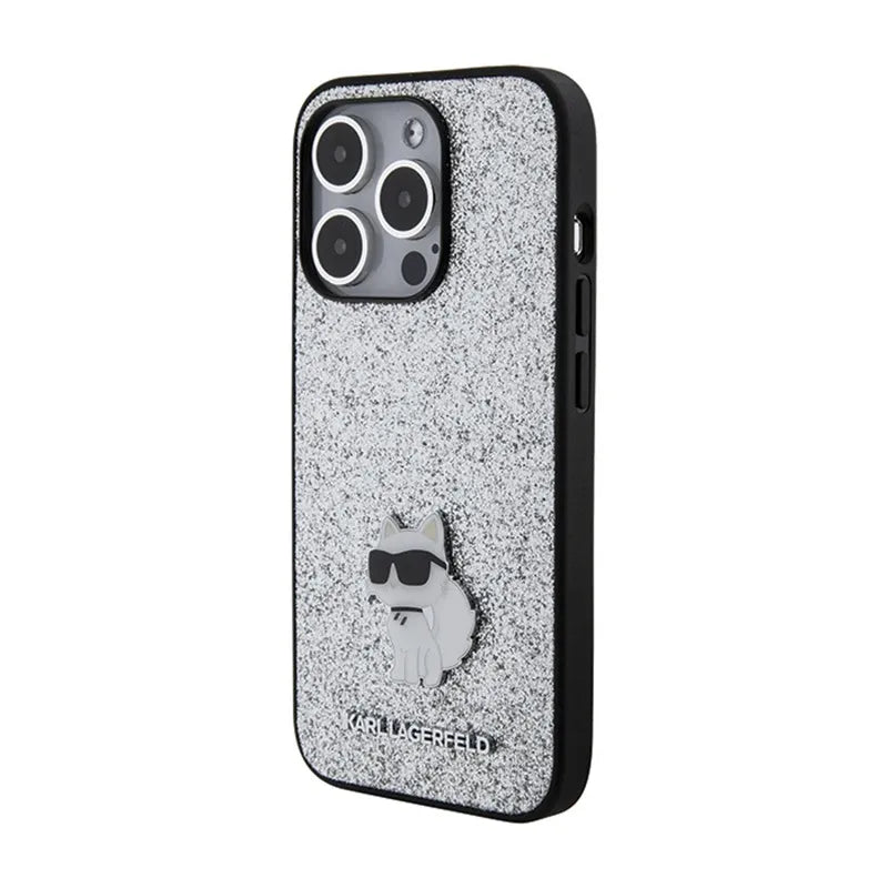 Karl Lagerfeld Fixed Glitter Choupette Logo Metal Pin - dėklas iPhone 15 Pro Max (sidabrinis)