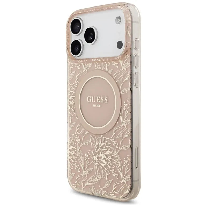 Guess IML Flowers Electro Pearl Strap MagSafe – dėklas iPhone 17 Pro Max (rožinis)