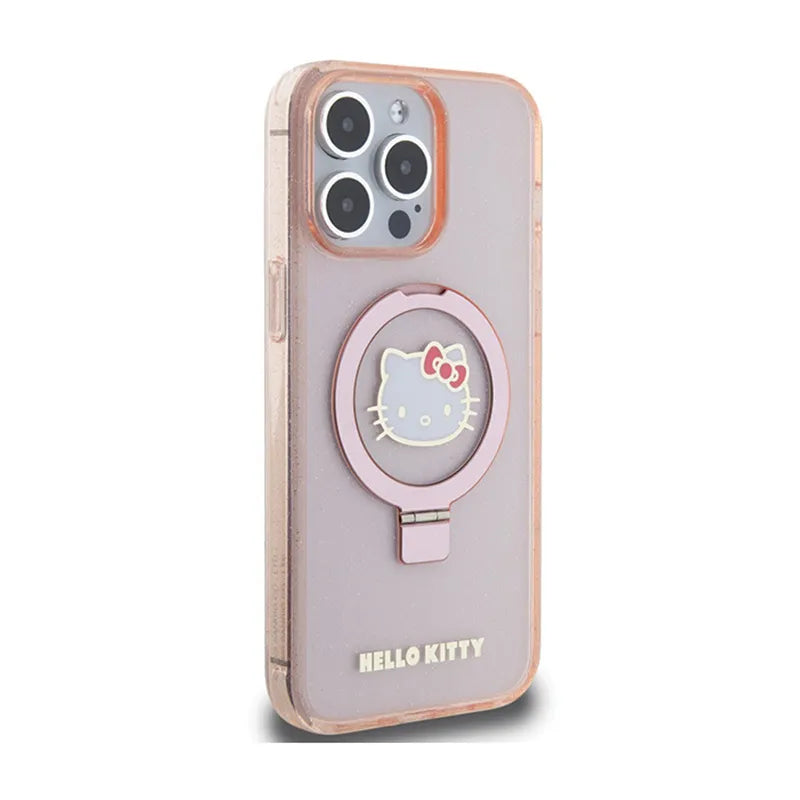 Hello Kitty Ring Stand Glitter Electrop Logo MagSafe - dėklas iPhone 15 Pro Max (rožinis)