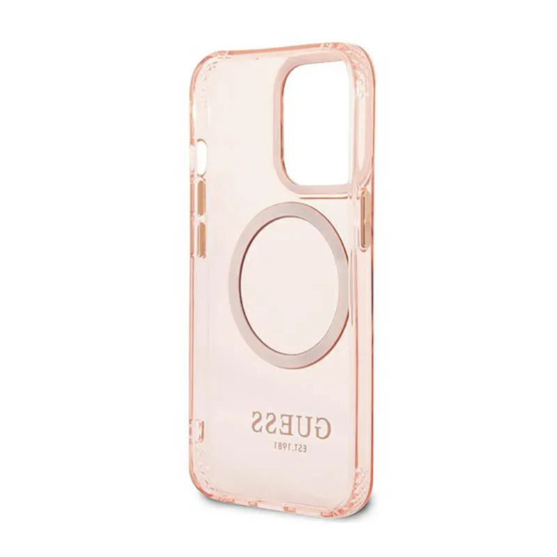 „Guess Gold Outline Translucent MagSafe“ – dėklas „iPhone 13 Pro“ (rožinis)