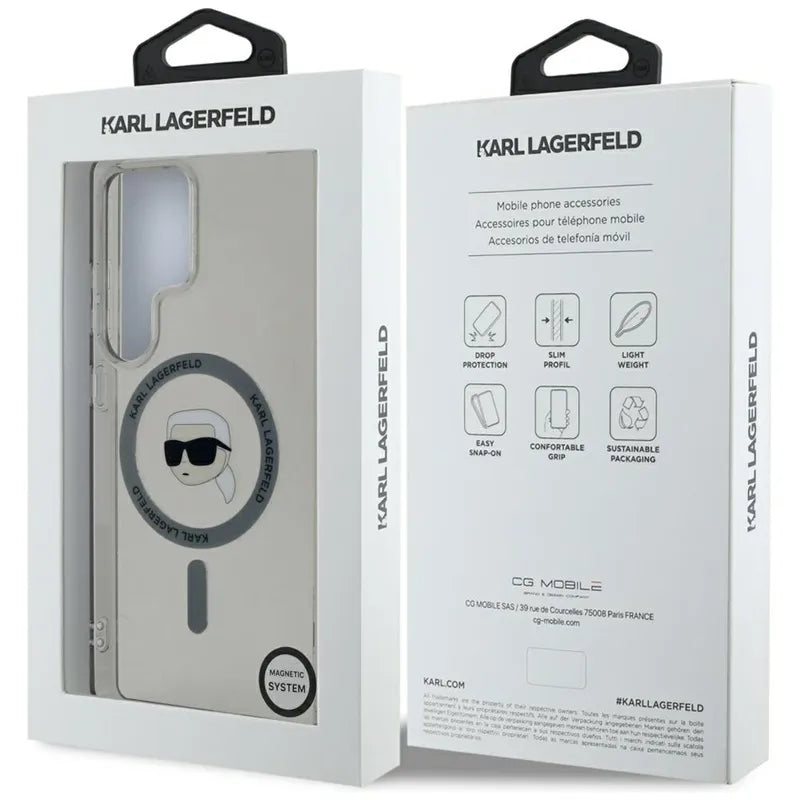 Karl Lagerfeld Button Karl Head Printed Logo MagSafe – dėklas Samsung Galaxy S25 Ultra (juodas)