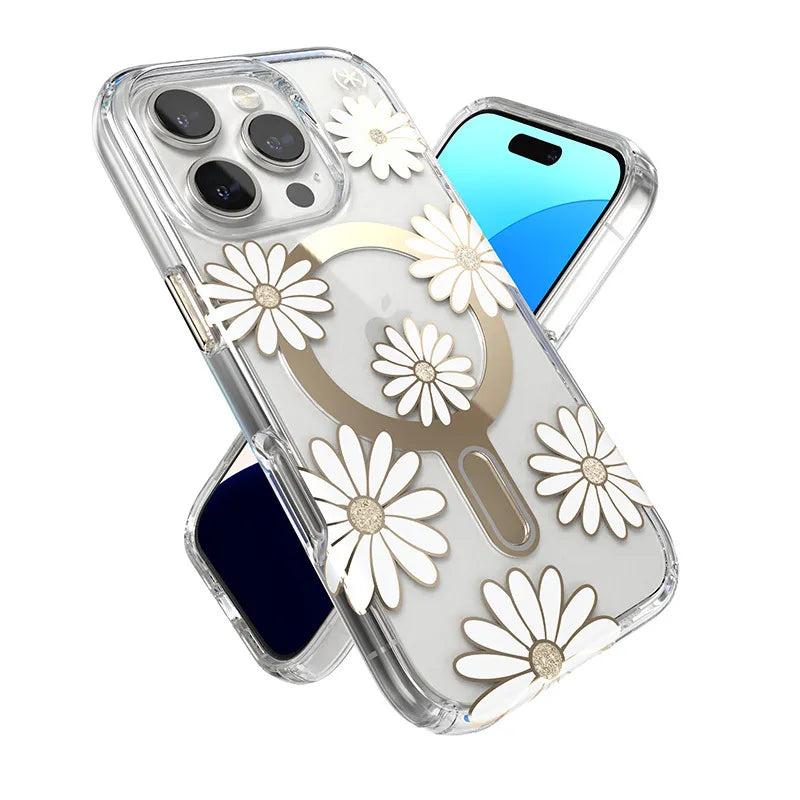 Speck Presidio Lux ClickLock & MagSafe - iPhone 16 Pro dėklas (Sunshine Daisies / Skaidrus / Auksinis)