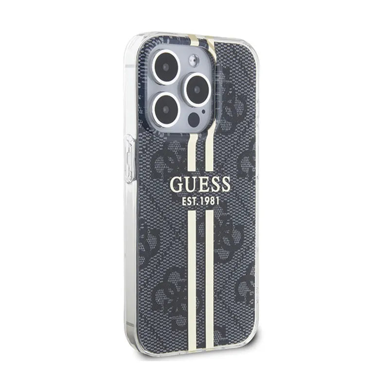 Guess IML 4G Gold Stripe dėklas iPhone 15 Pro (juodas)