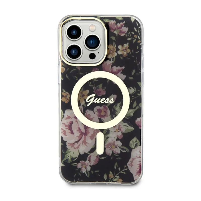 Guess Flower MagSafe - Dėklas iPhone 14 Pro Max (juodas)