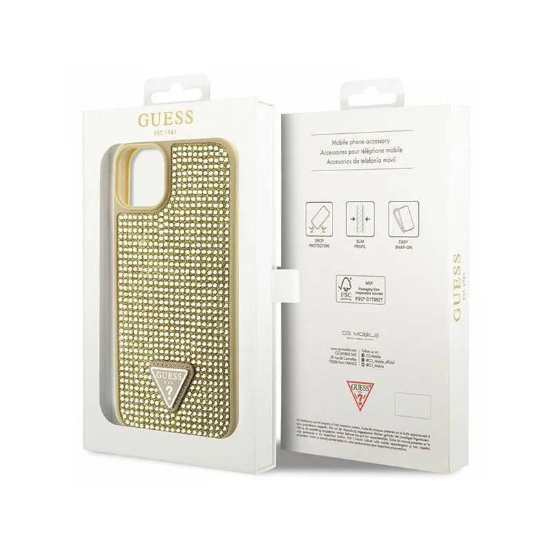 Guess Rhinestone Triangle – dėklas iPhone 14 Plus (auksinis)