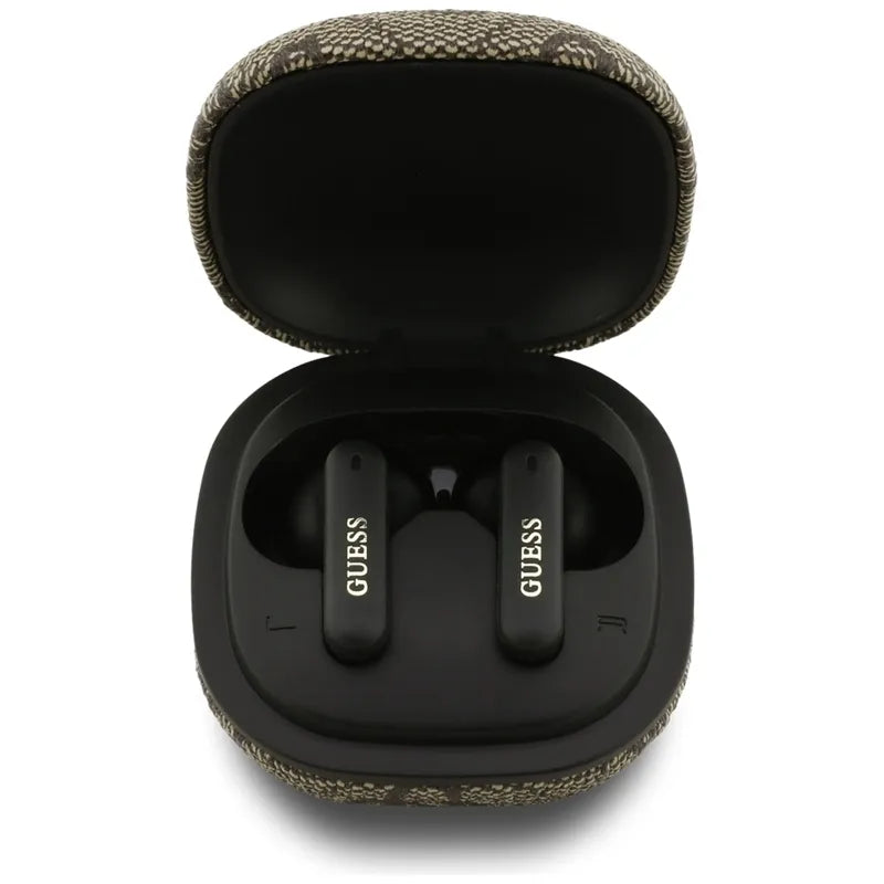 Guess 4G Classic Metal Logo – „Bluetooth“ TWS ENC ausinės + įkrovimo dėklas (rudos spalvos)