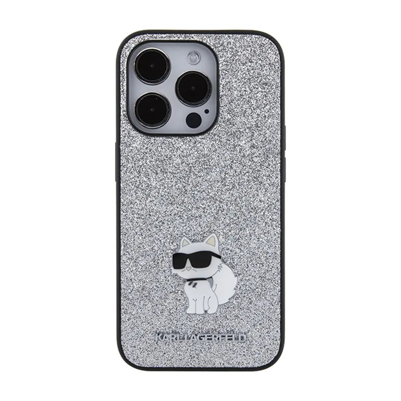 Karl Lagerfeld Fixed Glitter Choupette Logo Metal Pin - dėklas iPhone 15 Pro Max (sidabrinis)