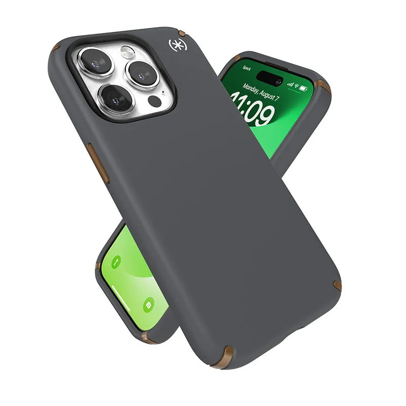 Speck Presidio2 Pro Magsafe – „iPhone 15 Pro“ dėklas (anglies pilka / vėsi bronza / balta)