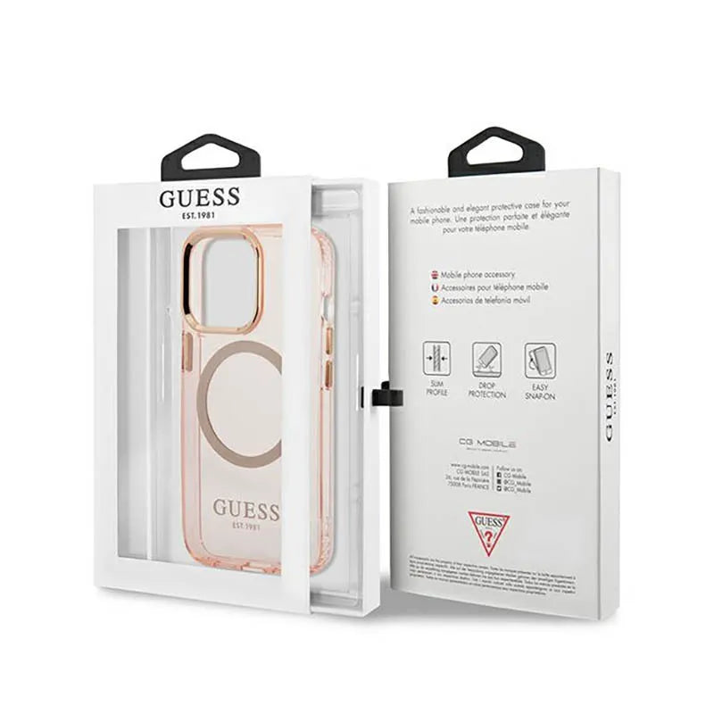 „Guess Gold Outline Translucent MagSafe“ – dėklas „iPhone 13 Pro“ (rožinis)
