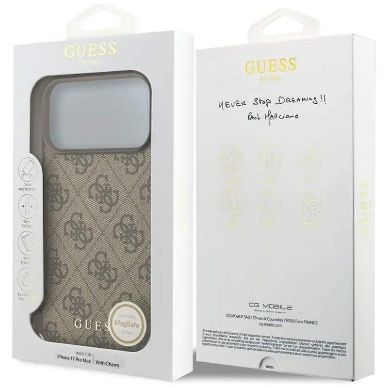 Guess 4G Charms Collection MagSafe – iPhone 17 Pro Max dėklas (rudas)
