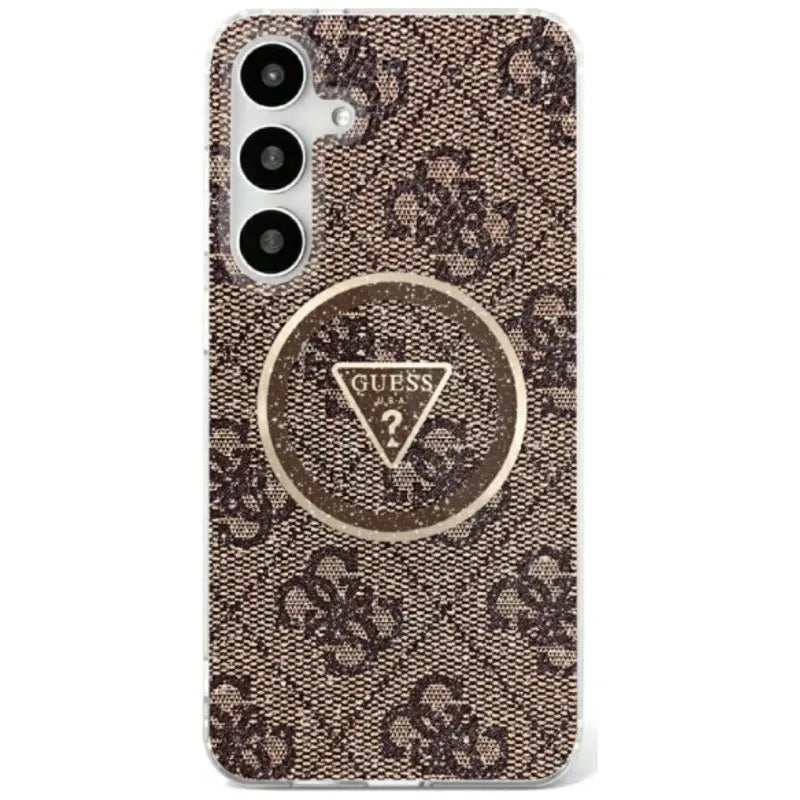 Guess 4G Glitter Triangle Buttons MagSafe – dėklas Samsung Galaxy S25 (ruda)