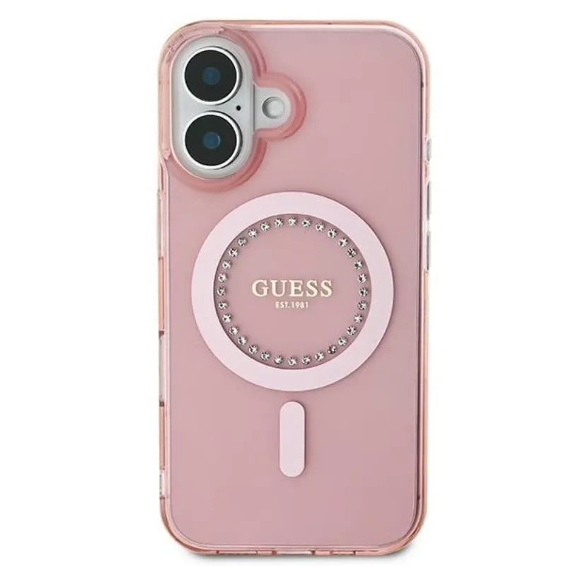 Guess IML Rhinestones MagSafe – dėklas iPhone 16 (rožinis)