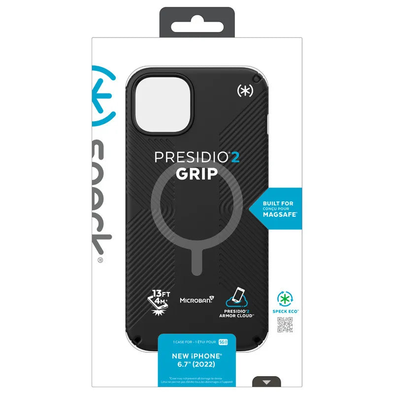 Speck Presidio2 Grip MagSafe – neslystantis iPhone 14 Plus dėklas (juodas / juodas / baltas)