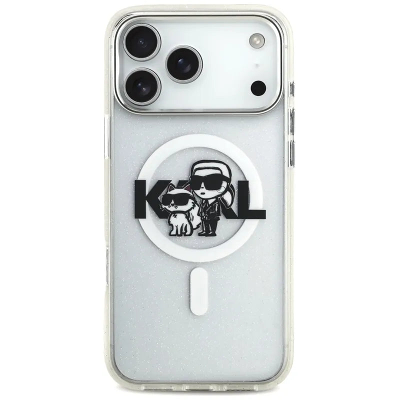 Karl Lagerfeld IML Glitter Karl & Choupette Sketch Logo MagSafe – dėklas iPhone 17 Pro Max (skaidrus)