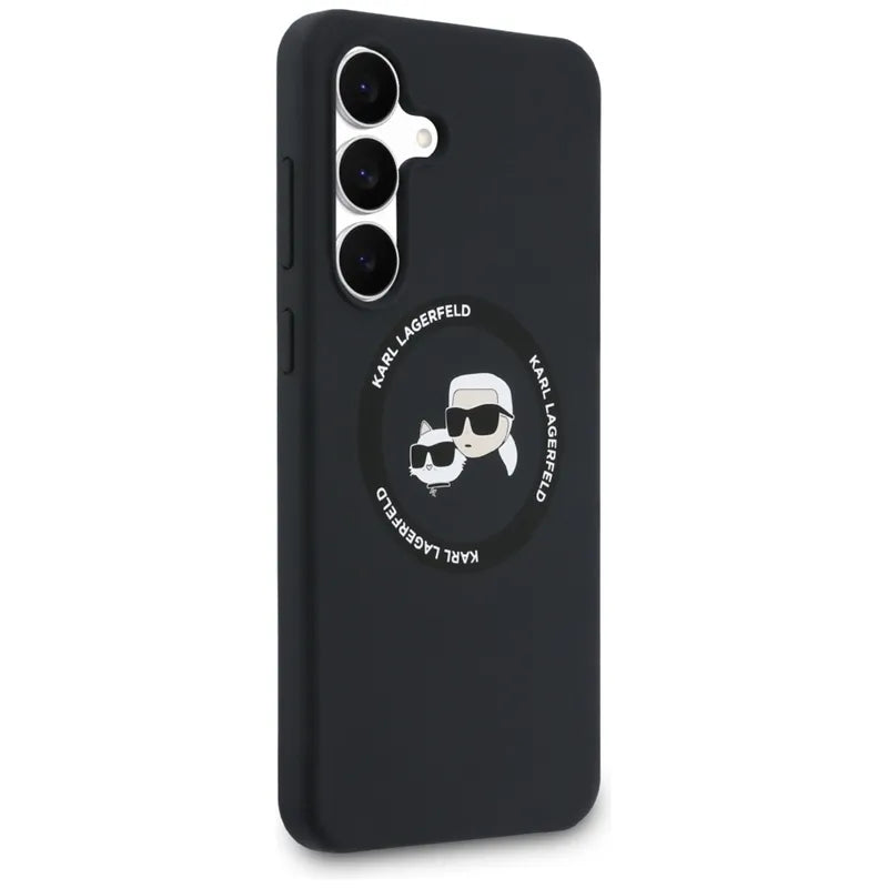 Karl Lagerfeld Silicone Karl & Choupette Heads MagSafe – Dėklas Samsung Galaxy S25 FE (juodas)