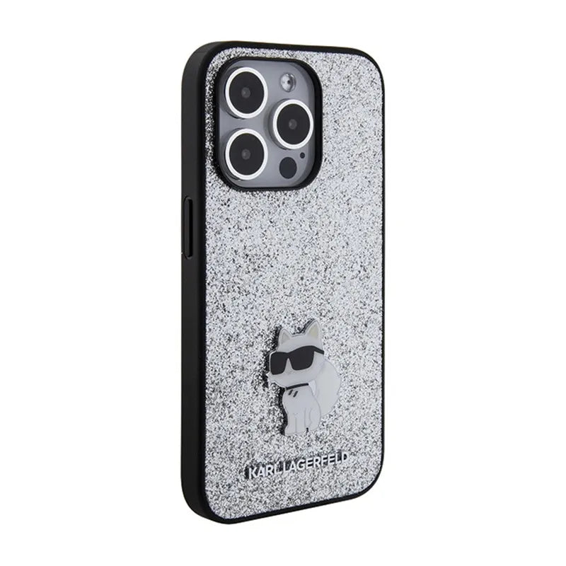 Karl Lagerfeld Fixed Glitter Choupette Logo Metal Pin - dėklas iPhone 15 Pro Max (sidabrinis)