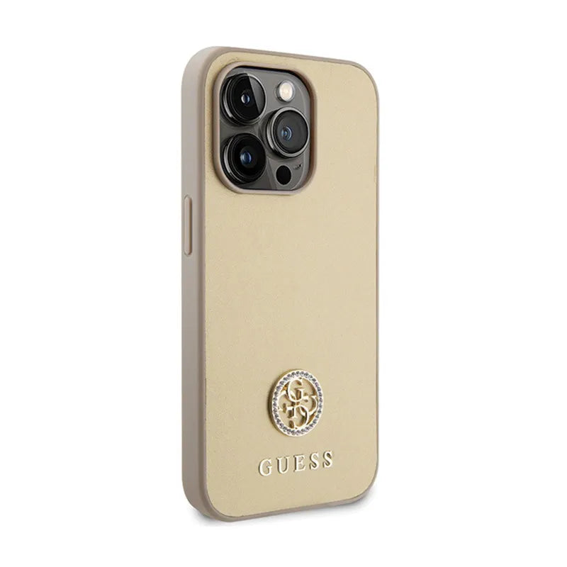 Guess 4G Strass Metal Logo – dėklas iPhone 15 Pro (auksinis)