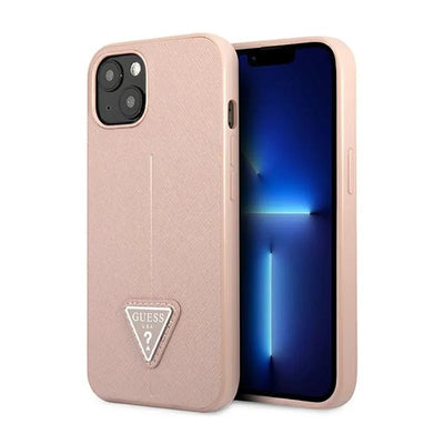 „Guess Saffiano Triangle Logo“ dėklas – dėklas „iPhone 14 Plus“ (rožinis)