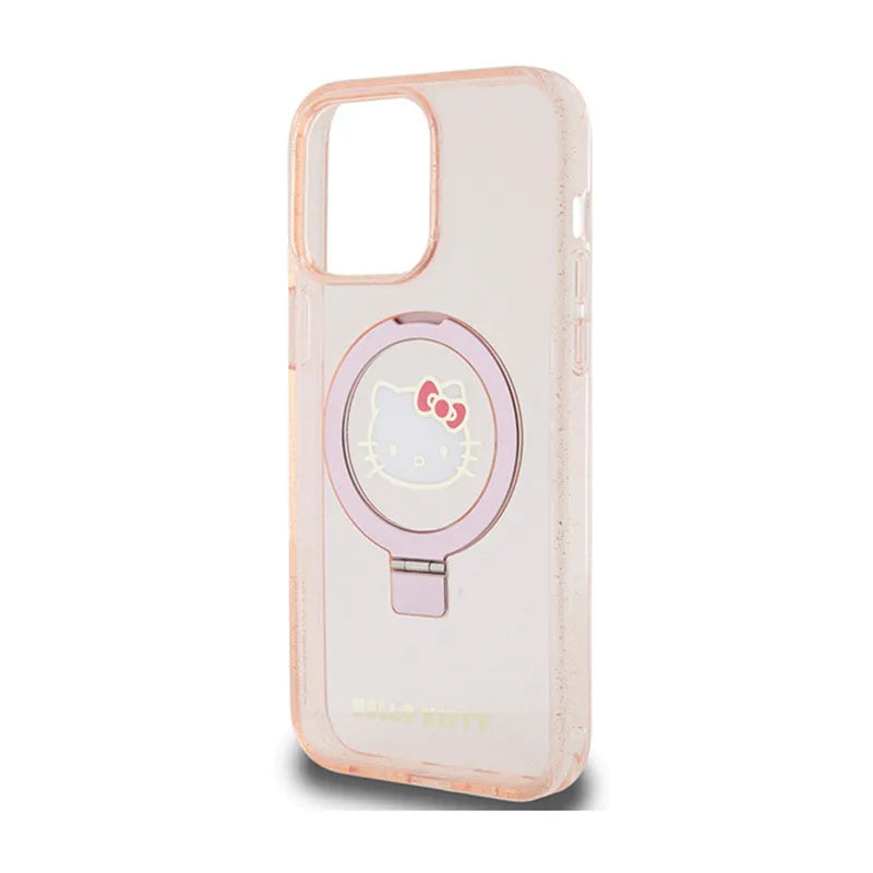 Hello Kitty Ring Stand Glitter Electrop Logo MagSafe - dėklas iPhone 15 Pro Max (rožinis)