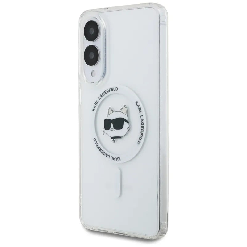 Karl Lagerfeld Button Choupette Head Printed Logo MagSafe – dėklas Samsung Galaxy S25 Edge (baltas)