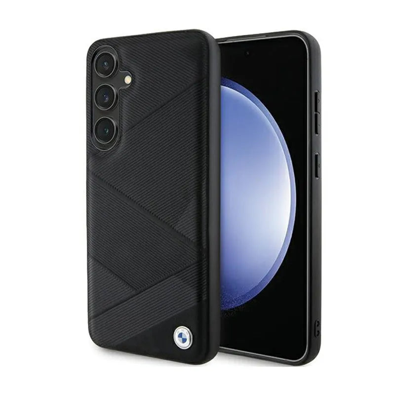 BMW Signature Leather Crossing Lines Pattern – Dėklas Samsung Galaxy S24+ telefonui (juodas)
