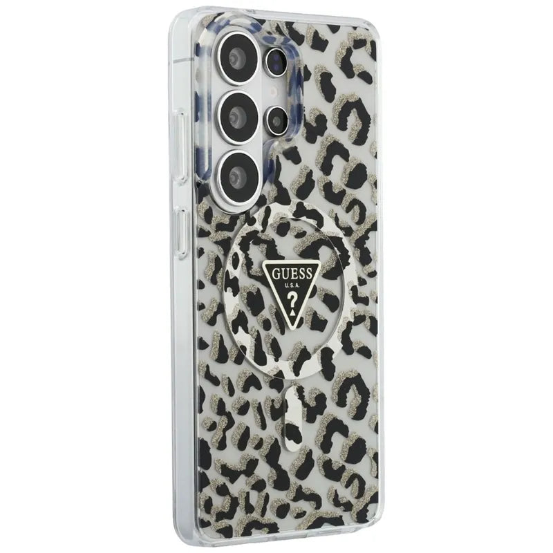 Guess IML Leopard Print Triangle MagSafe – Samsung Galaxy S26 Ultra dėklas (juodas)