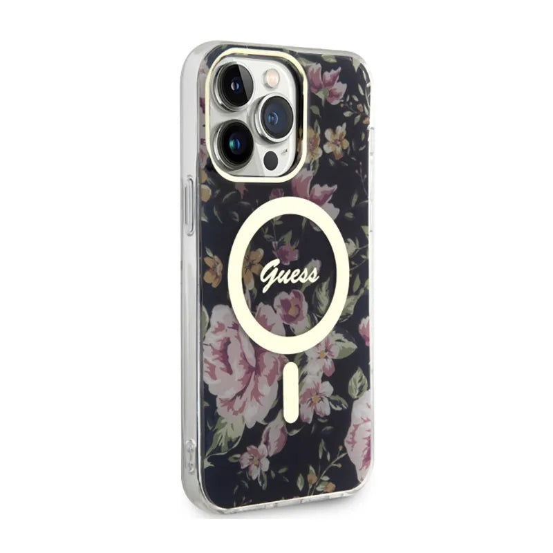 Guess Flower MagSafe - Dėklas iPhone 14 Pro Max (juodas)