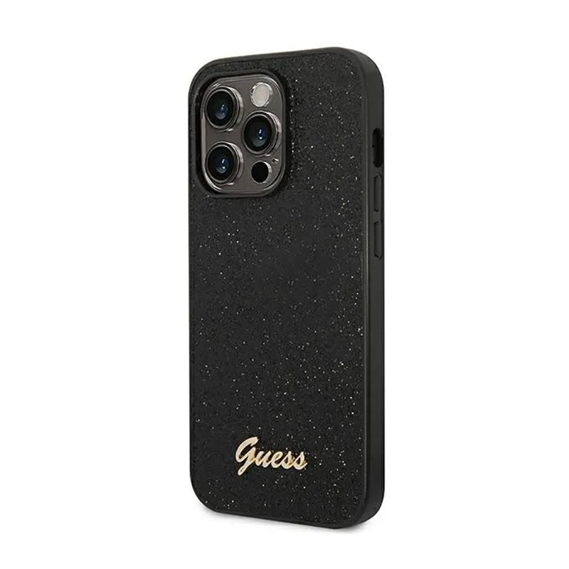 Guess Glitter Flakes Metal Logo dėklas – dėklas, skirtas iPhone 14 Pro (juodas)