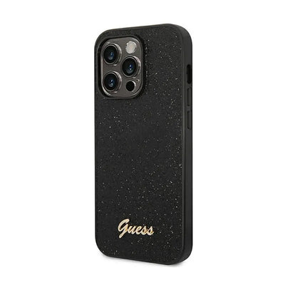 Guess Glitter Flakes Metal Logo dėklas – dėklas, skirtas iPhone 14 Pro (juodas)
