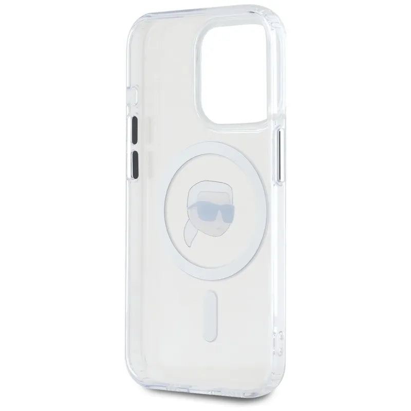 Karl Lagerfeld IML Metal Karl Head MagSafe – dėklas iPhone 15 Pro Max (baltas)