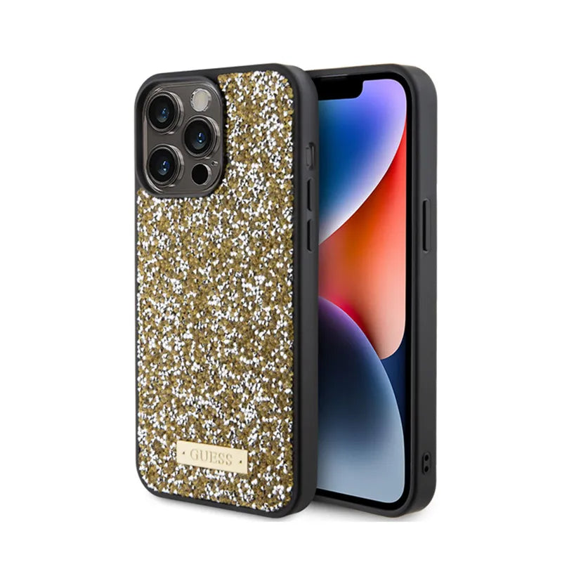 Guess Rhinestone Metal Logo – dėklas iPhone 15 Pro Max telefonui (geltonas)