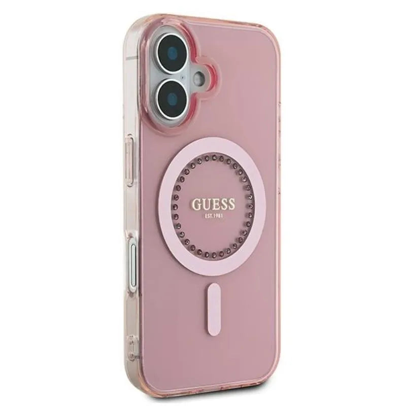 Guess IML Rhinestones MagSafe – dėklas iPhone 16 (rožinis)