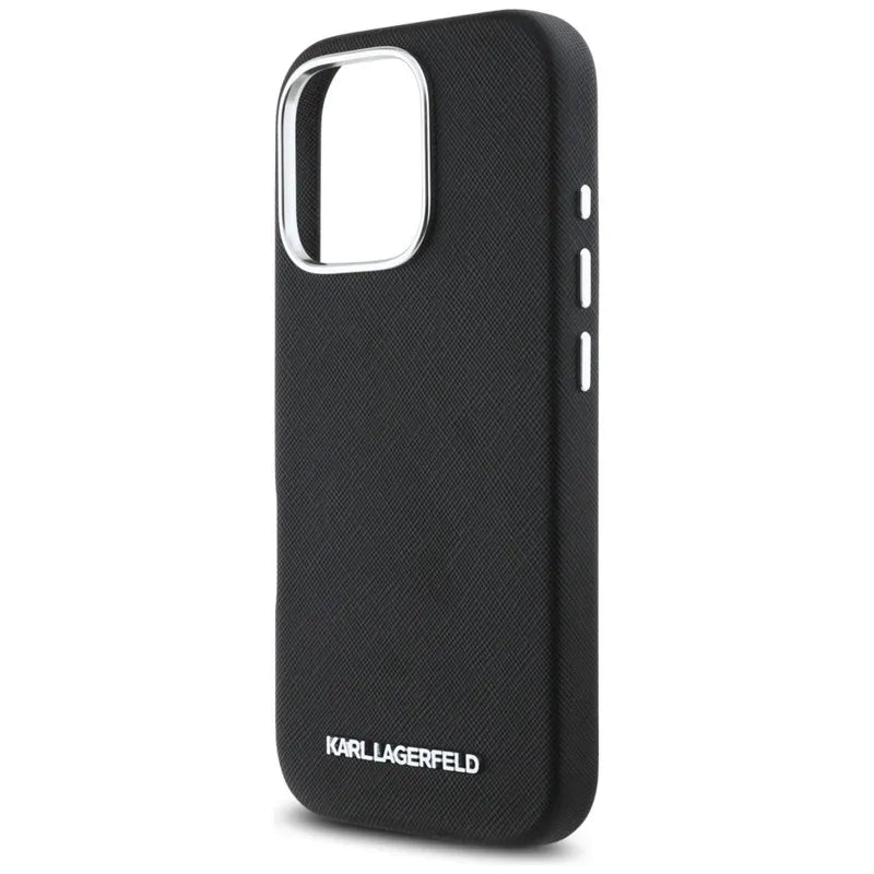 Karl Lagerfeld Saffiano Full Wrapped Elongated Metal Logo MagSafe – dėklas iPhone 16 Pro Max (juodas)