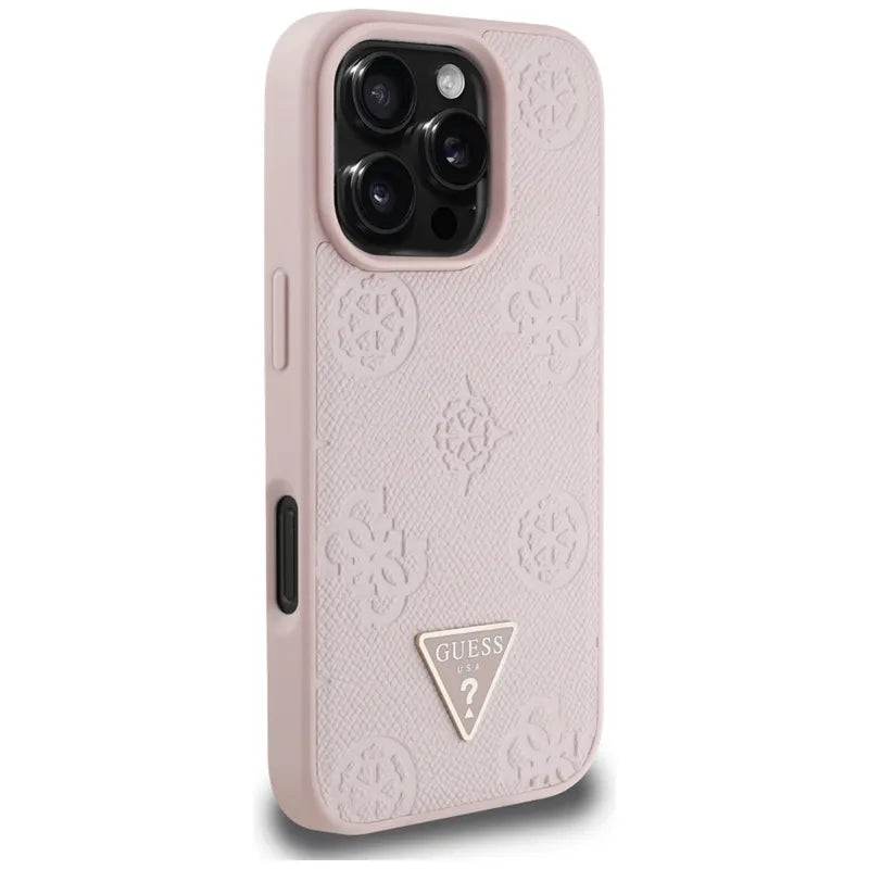 Guess Grained Hot Stamp Peony Triangle Logo MagSafe – Dėklas iPhone 16 Pro (rožinis)