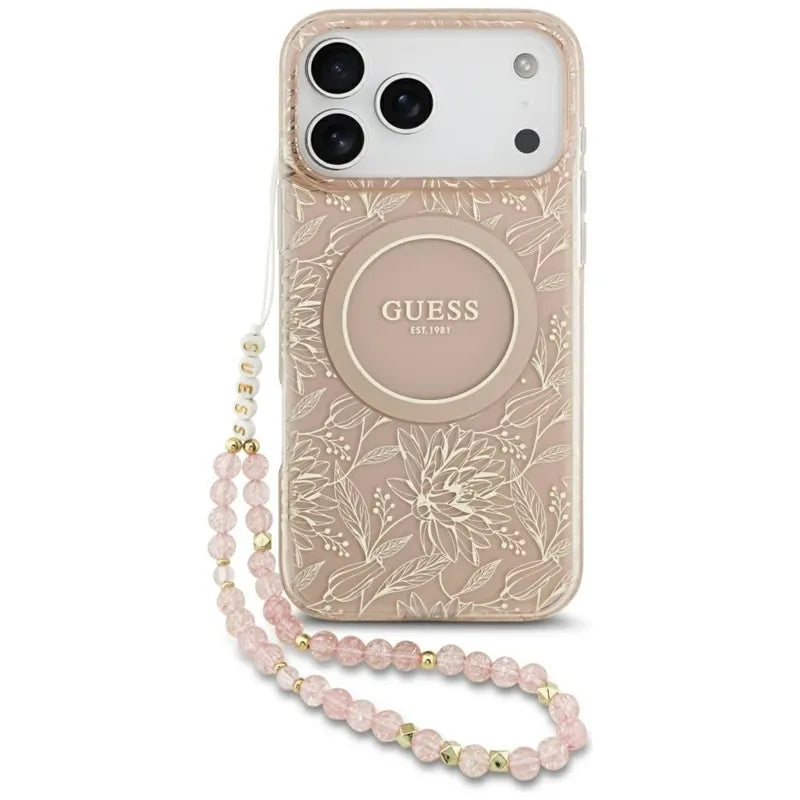 Guess IML Flowers Electro Pearl Strap MagSafe – dėklas iPhone 17 Pro Max (rožinis)