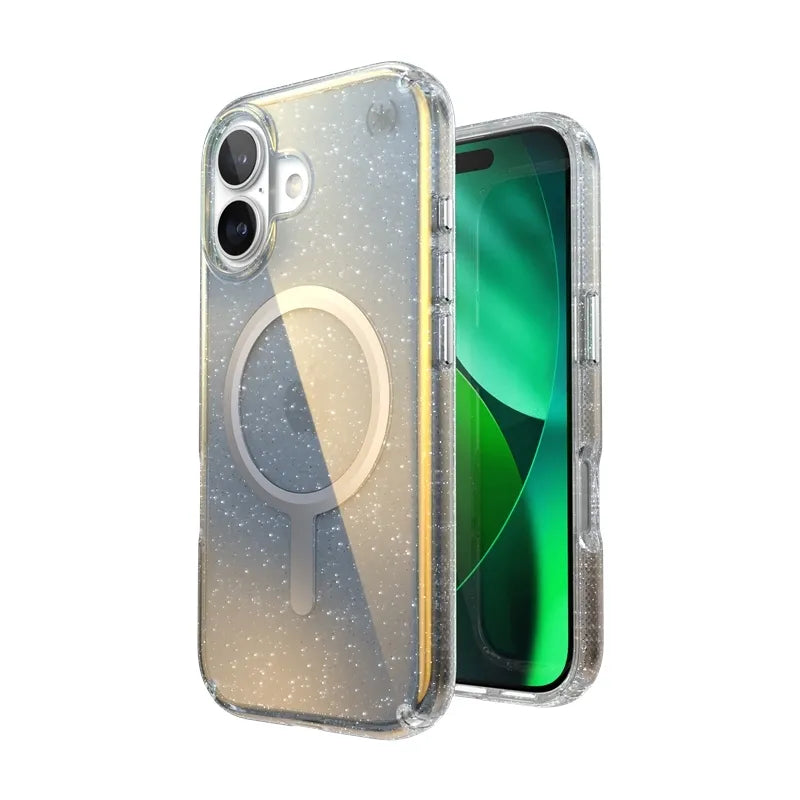 Speck Presidio Lux MagSafe – iPhone 17 dėklas (Hyper Mirror Glitter / Silver Metallic)