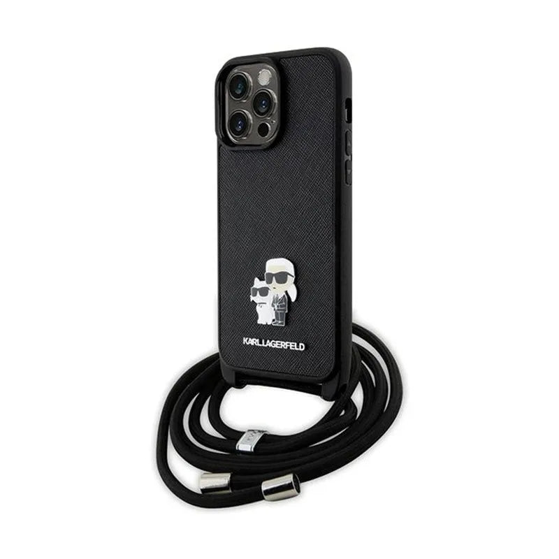 Karl Lagerfeld Crossbody Saffiano Metal Pin Karl & Choupette dėklas iPhone 14 Pro Max (juodas)