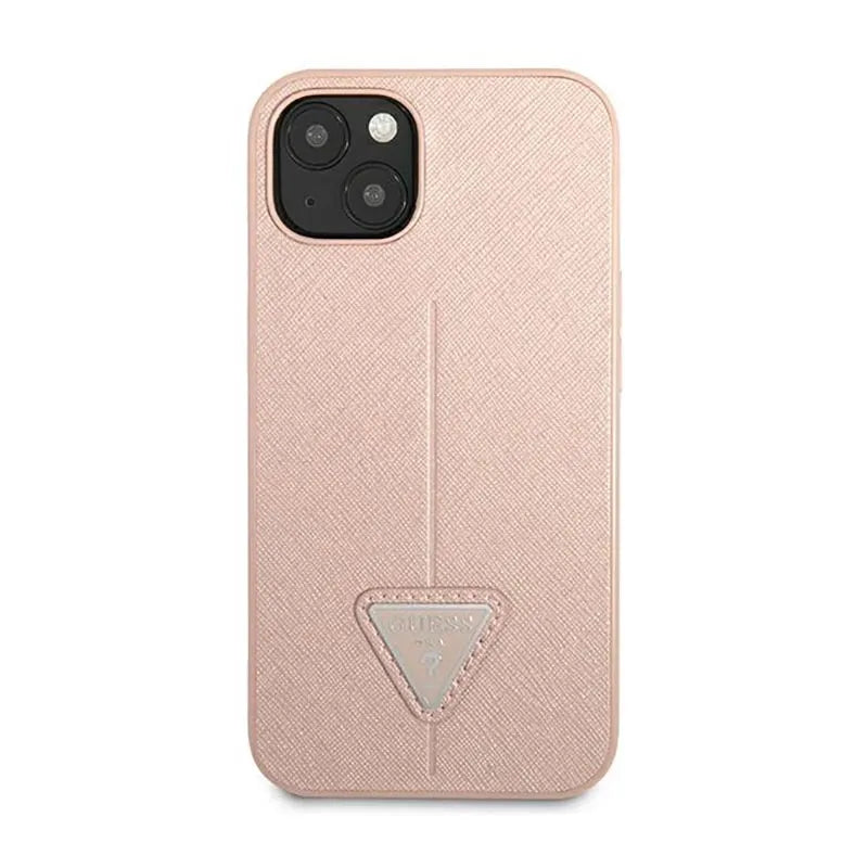 „Guess Saffiano Triangle Logo“ dėklas – dėklas „iPhone 14 Plus“ (rožinis)