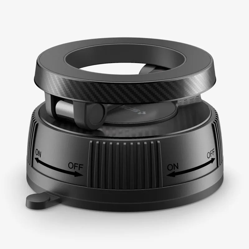 Spigen MFT36 – „MagSafe“ magnetinis automobilinis laikiklis, tvirtinamas prie prietaisų skydelio arba priekinio stiklo (juodas)