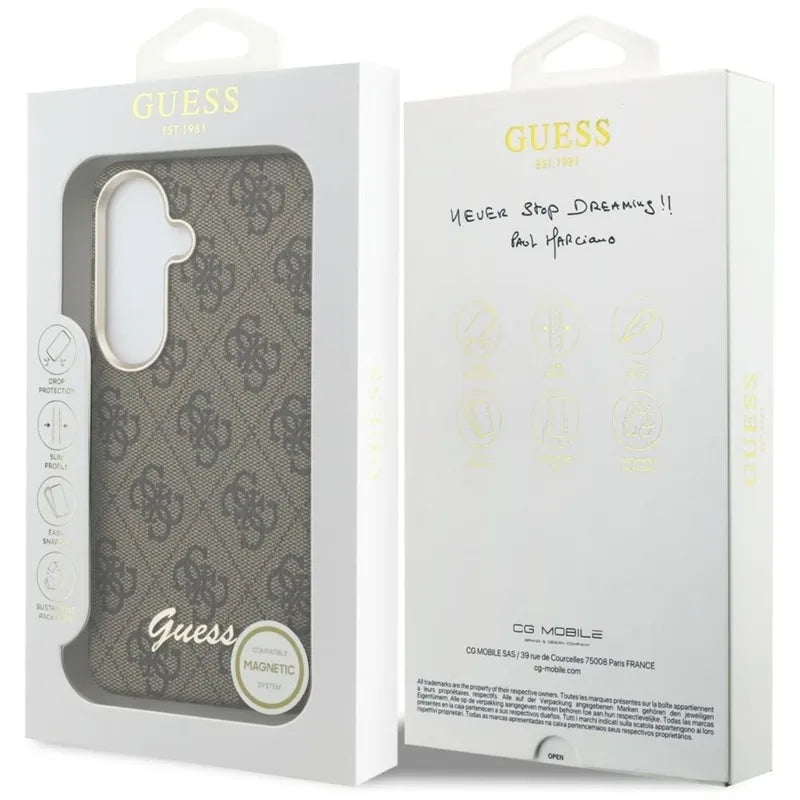 Guess 4G Script MagSafe – dėklas Samsung Galaxy S26 telefonui (rudos spalvos)
